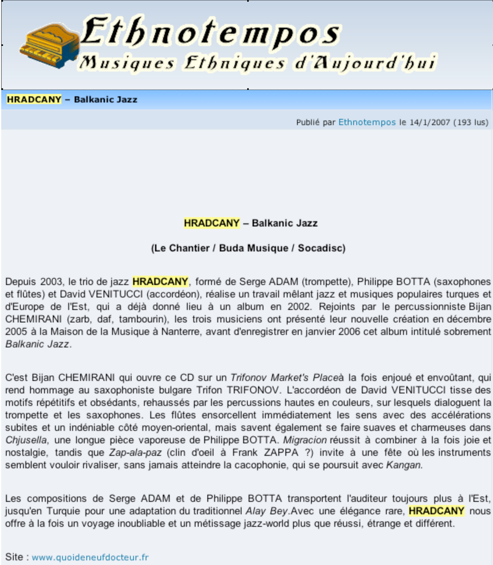 Hradcany,serge adam,philippe,botta,david venitucci,quoi de neuf docteur