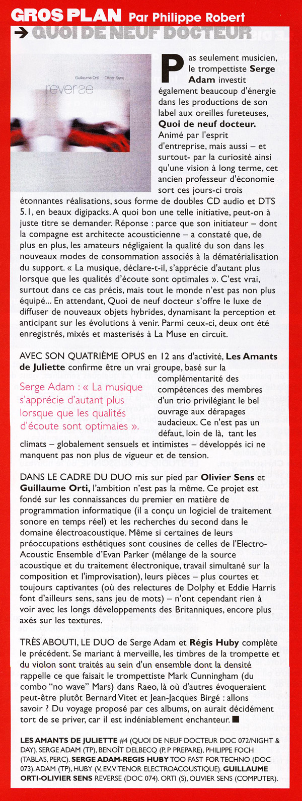 adam,delbecq,foch,les amants de juliette,jazzmagazine