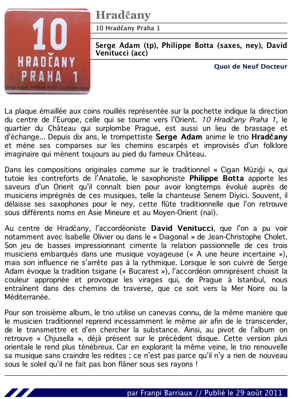 Hradcany,serge adam,philippe,botta,david venitucci,quoi de neuf docteur